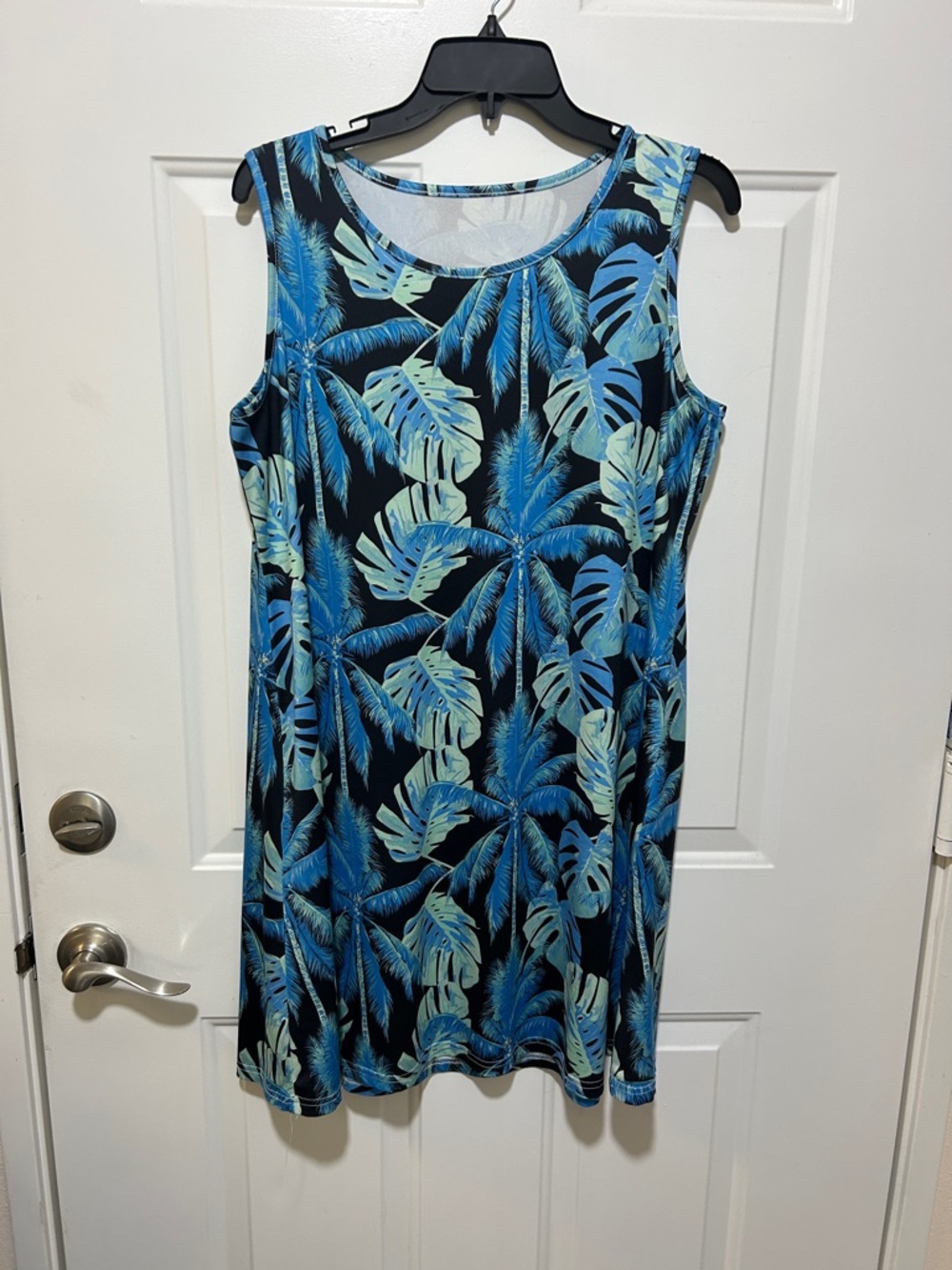 Tropical Palm Print Sleeveless Dress - Blue & Black